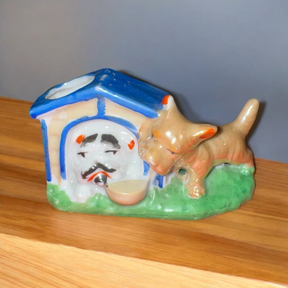 Vintage Japan Lusterware Scottie Bonzo Dog & Bulldog Doghouse Toothpick Holder